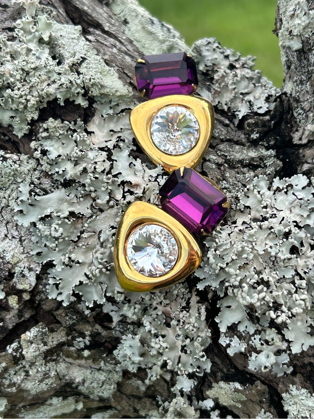Vintage-Inspired Purple & Clear Rhinestone Statement Drop Earrings Gold Tone